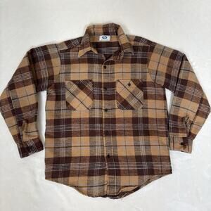 Vintage Mr. Leggs Plaid Flannel Shirt Brown Tan Workwear 70s USA Men's M